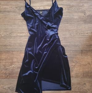 Windsor Blue Velvet Asymmetrical Wrap Mini Dress